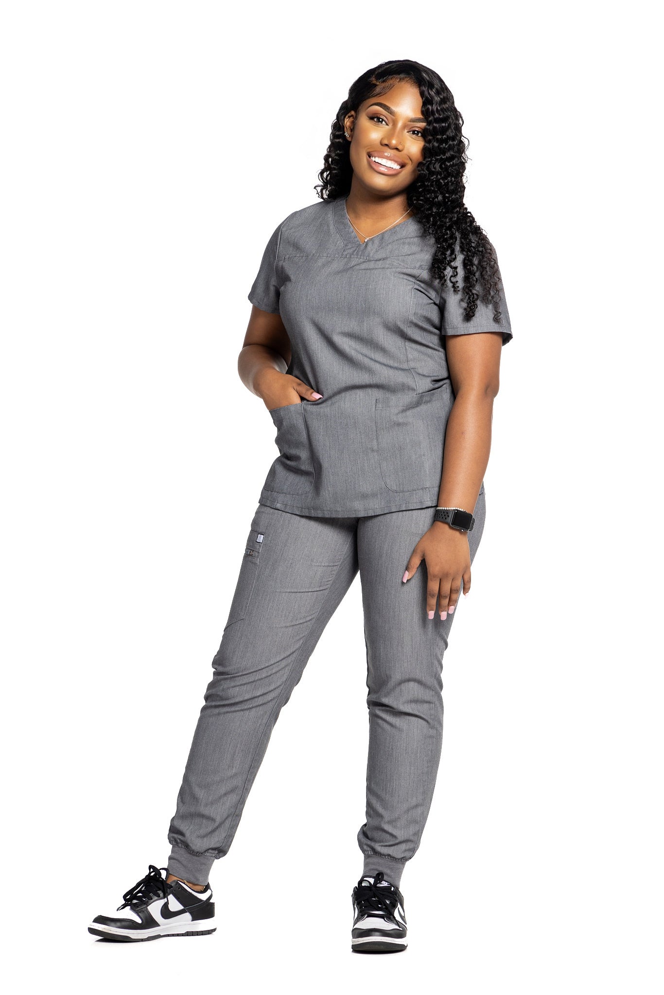 KOI Camice Medico Donna Grigio Mélange – Leggero, Con 4 Tasche E Tasca Nascosta Per Cellulare, Scollo A V